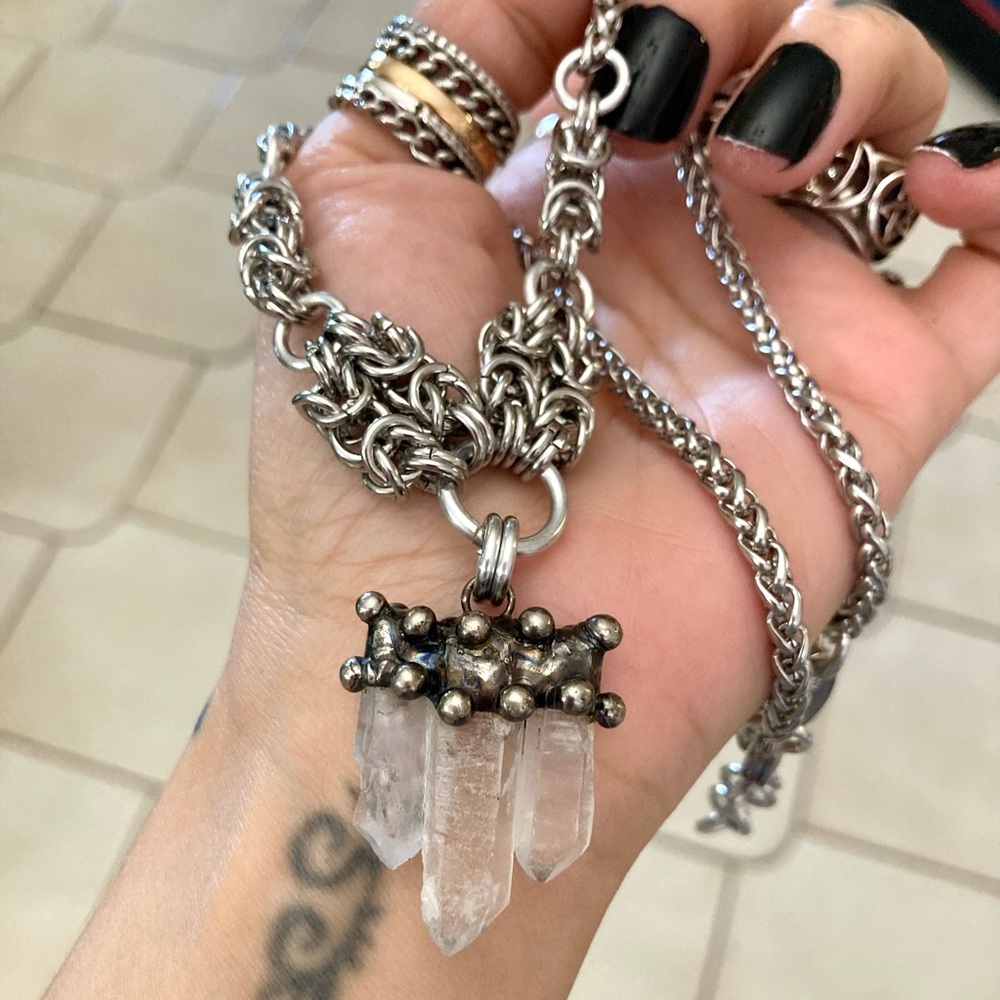 Handmade Genuine raw crystal quartz maille stainless steel boho goth necklace - Picture 11 of 13